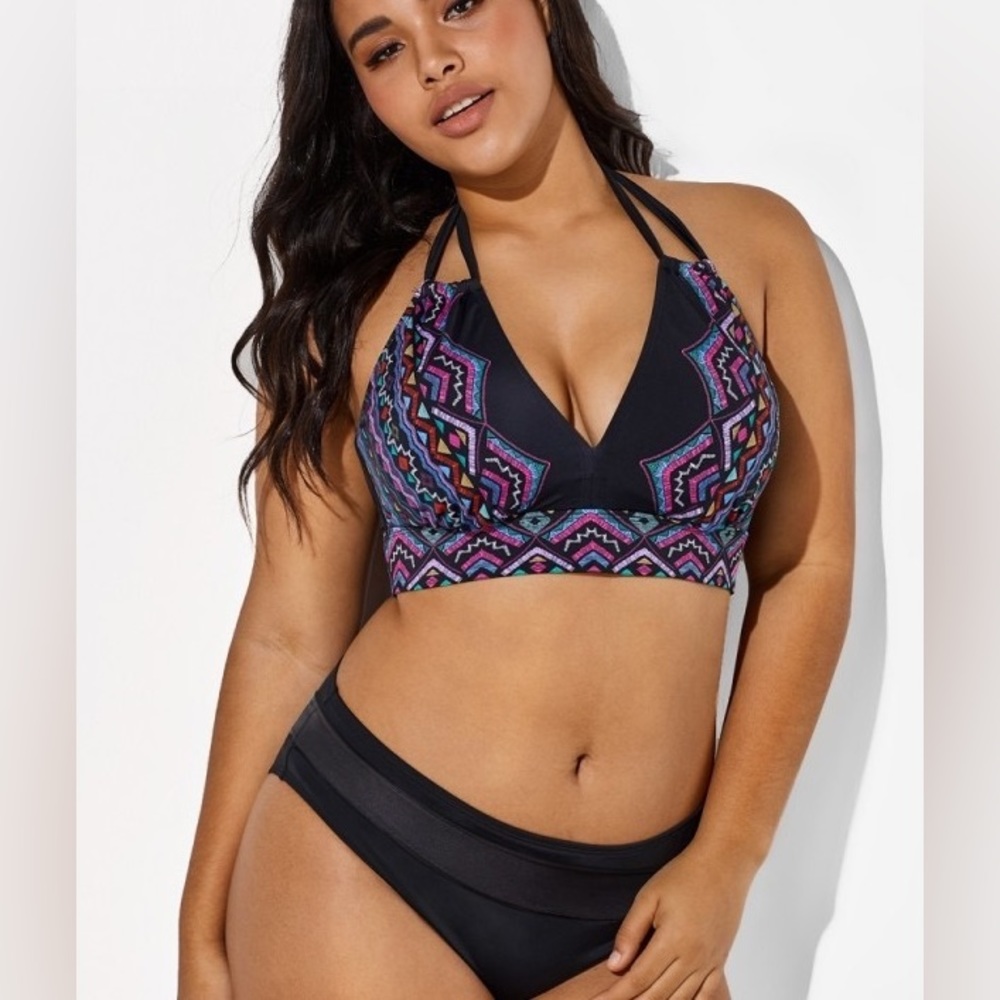 SOLD- Meet Curve - 
Black and Purple Printed Halter Sexy Bikini Set, large-